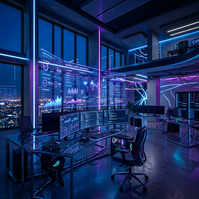 A modern, advanced digital office setup with floating analytics dashboards, abstract data streams, sleek tech environment, energetic lighting. No people. No characters. 4k, hyper-detailed, vibrant blue and purple neon lighting, premium aesthetic.